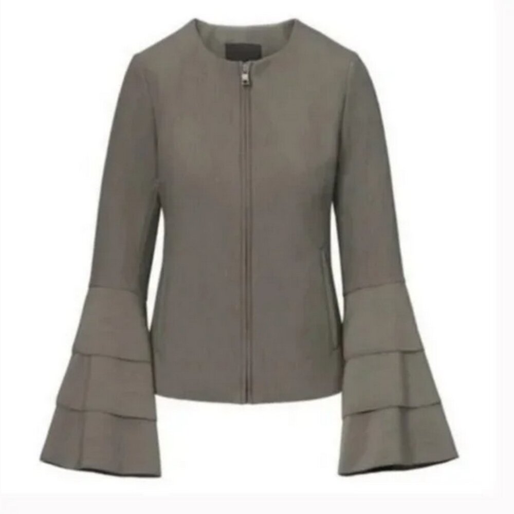 Banana Republic Bell Sleeve Jacket Grey Tier Ruffle Minimal Zip Front Blazer